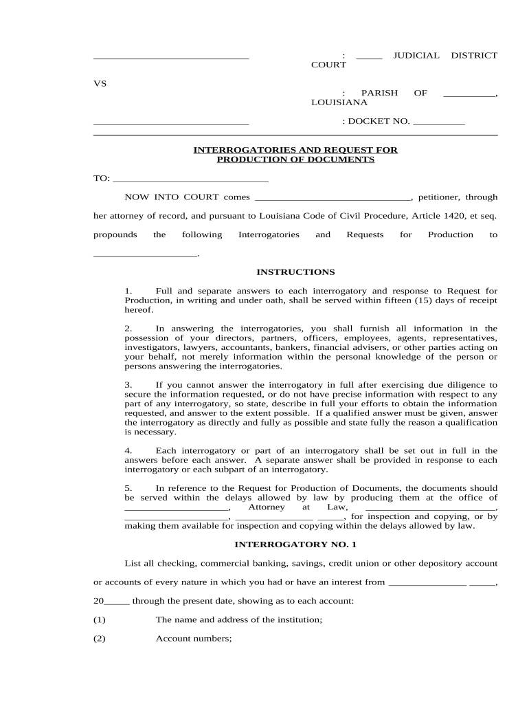 Interrogatories and Request for Production of Documents Louisiana  Form