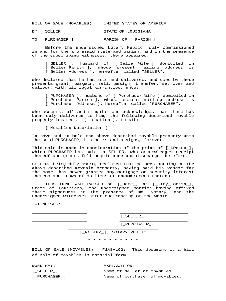 Bill of Sale for Movables Louisiana  Form