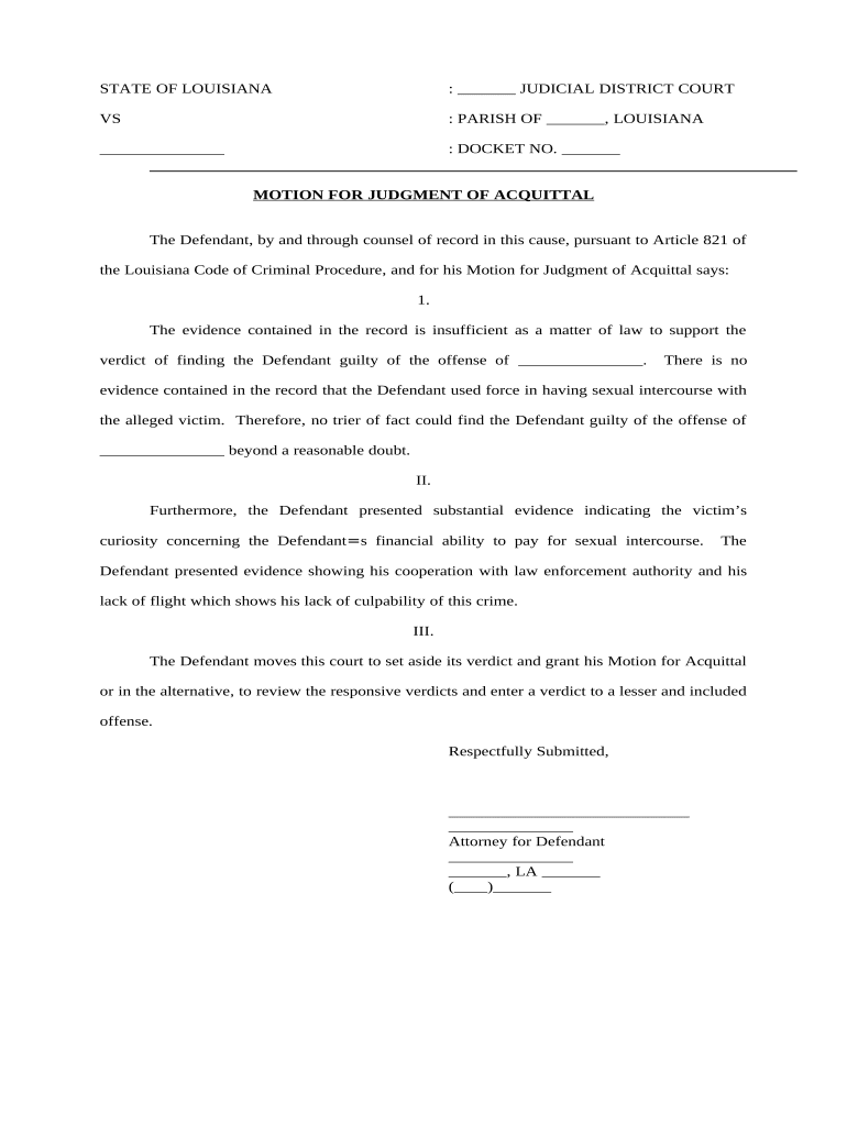 Motion for Judgment of Acquittal Louisiana  Form