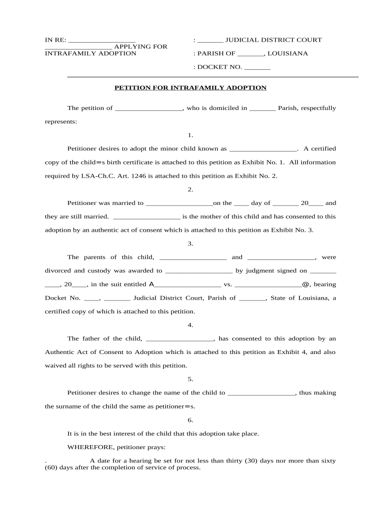 Louisiana Intrafamily Adoption  Form