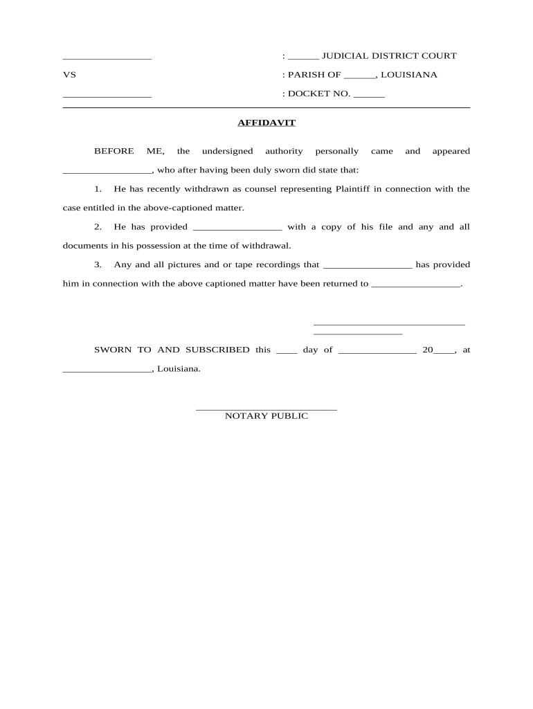 Affidavit of Withdrawal of Counsel Louisiana  Form