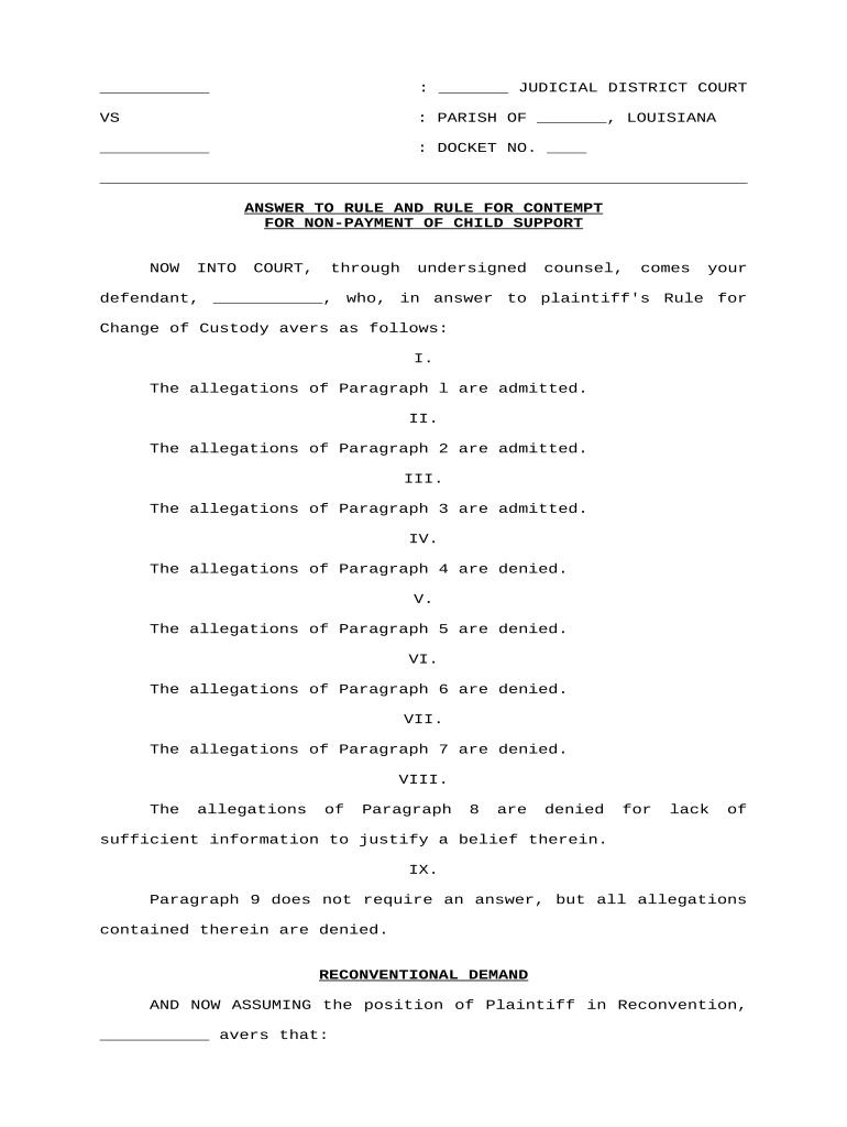 Answer to Rule and Rule for Contempt for Nonpayment of Child Support Louisiana  Form