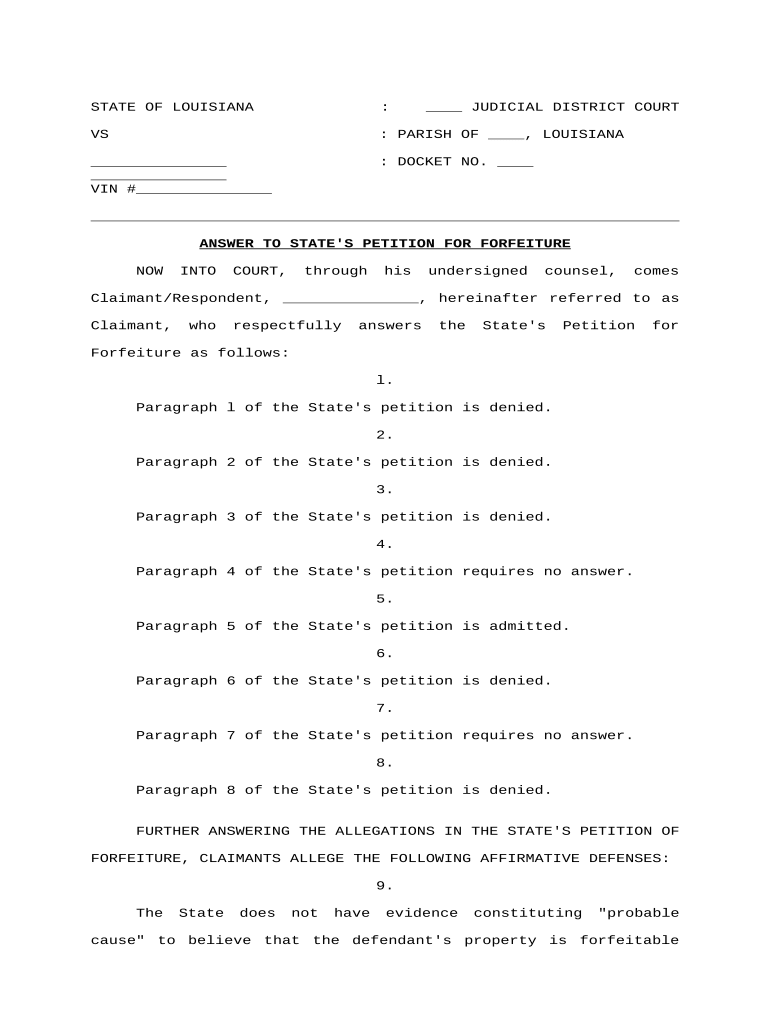 Answer to State's Petition for Forfeiture Louisiana  Form