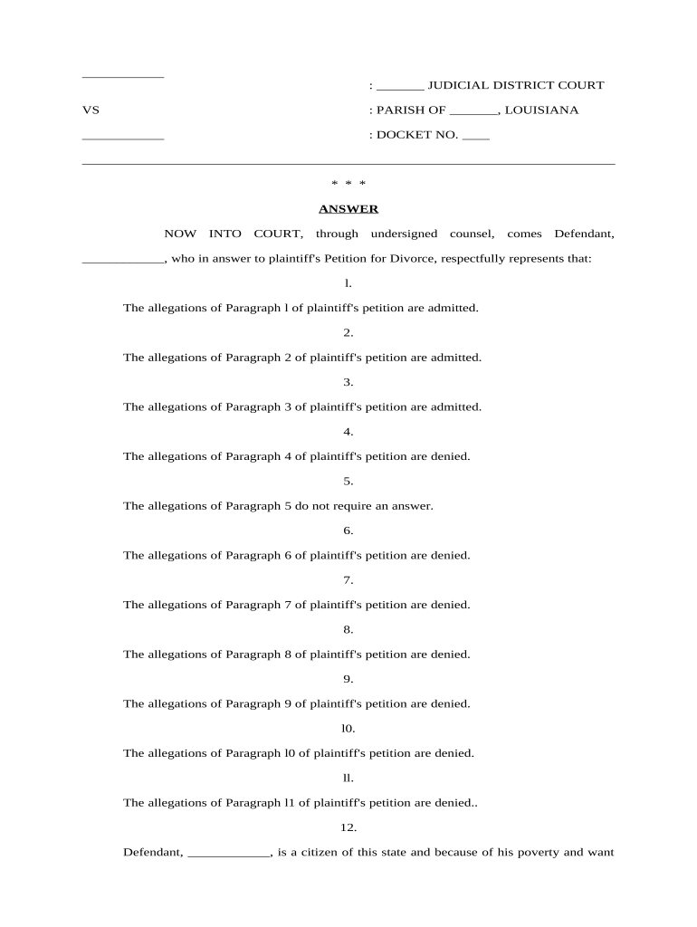 Answer to Plaintiff's Petition for Divorce Louisiana  Form