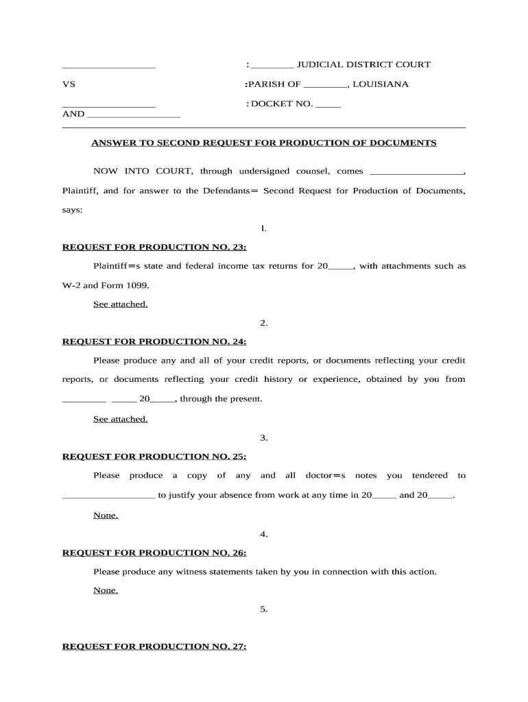 Answer to Second Request for Production of Documents Louisiana  Form