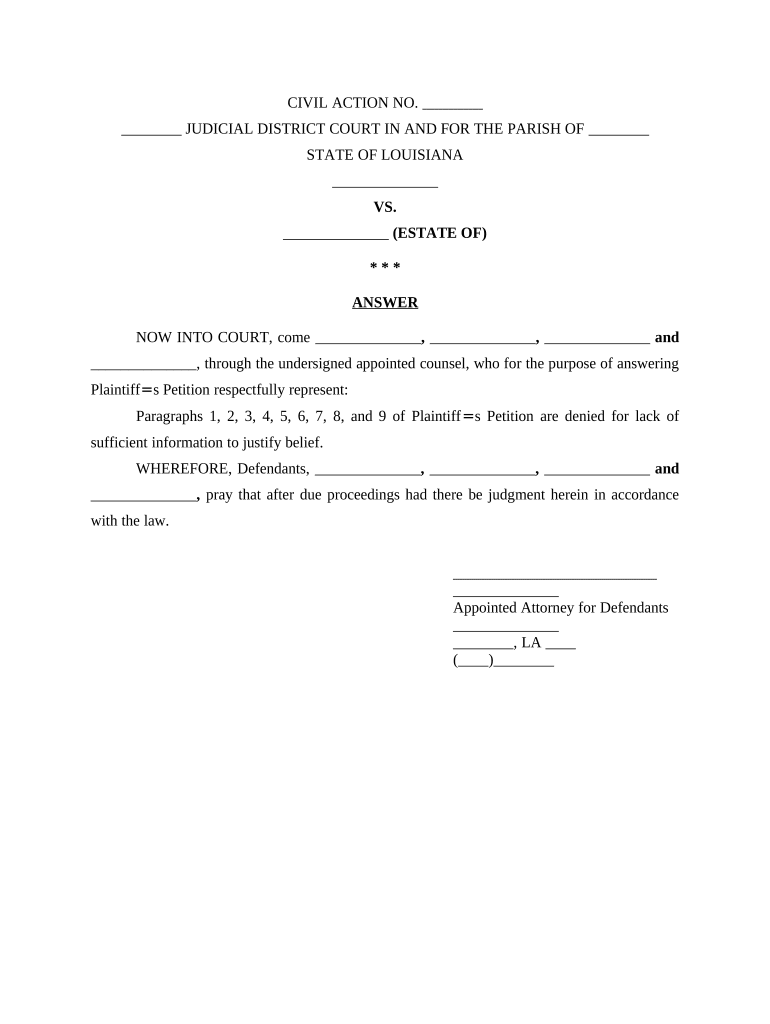 Answer to Plaintiff's Petition Louisiana  Form