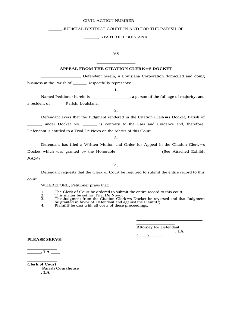 Appeal from the Citation Clerk's Docket Louisiana  Form