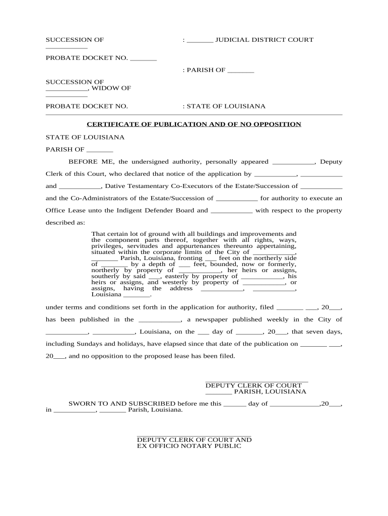 Certificate of Publication and of No Opposition Louisiana  Form