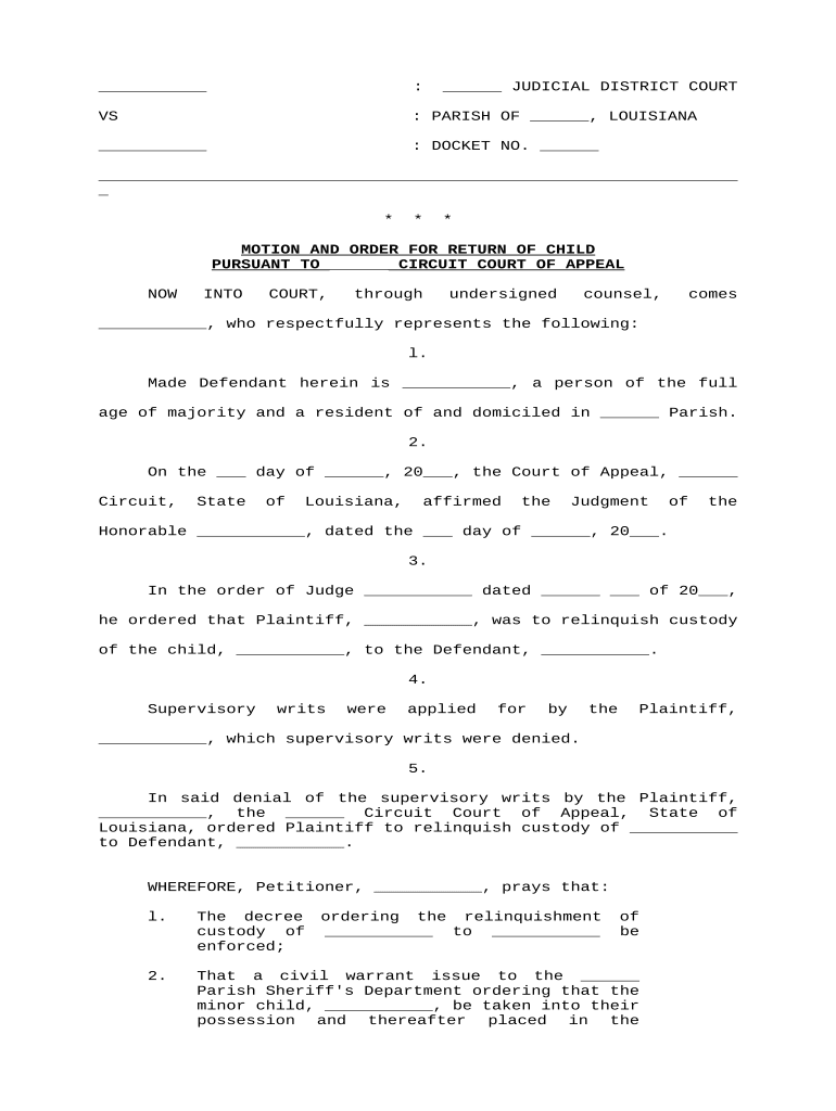 Order to Return Child  Form