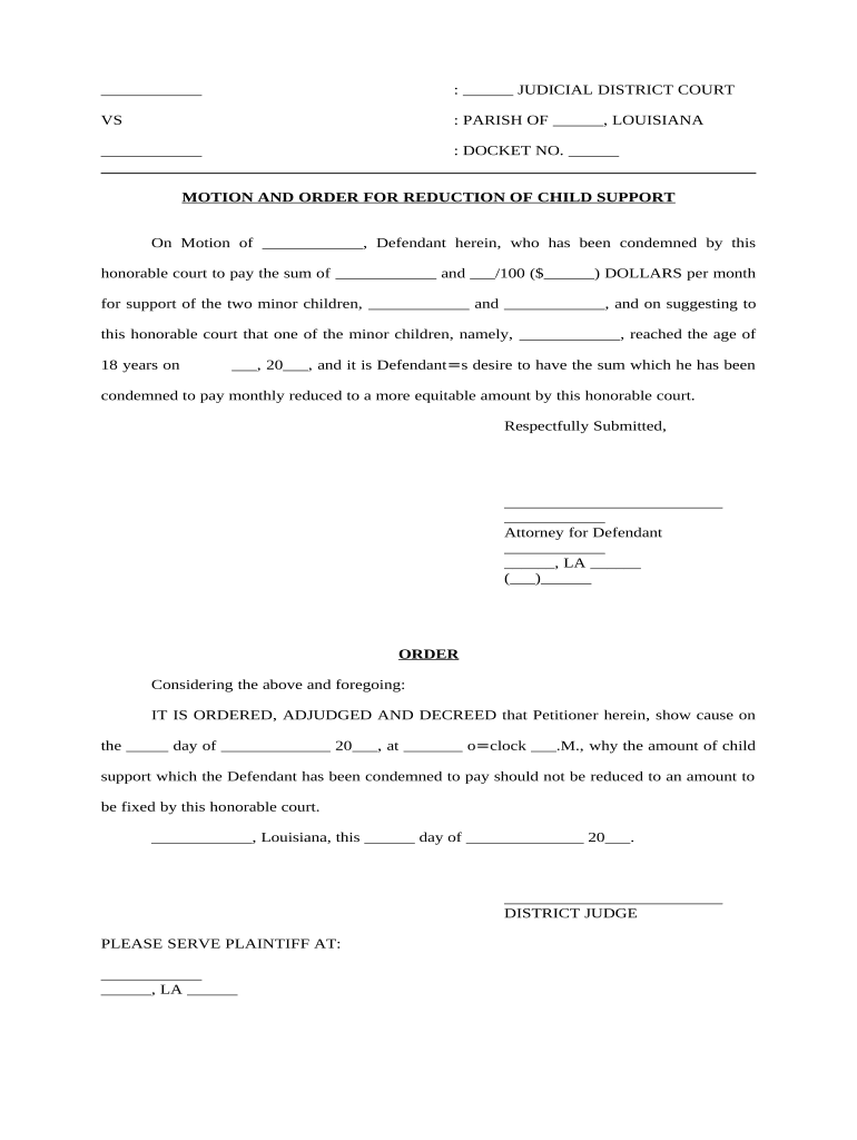 Motion and Order for Reduction of Child Support Louisiana  Form