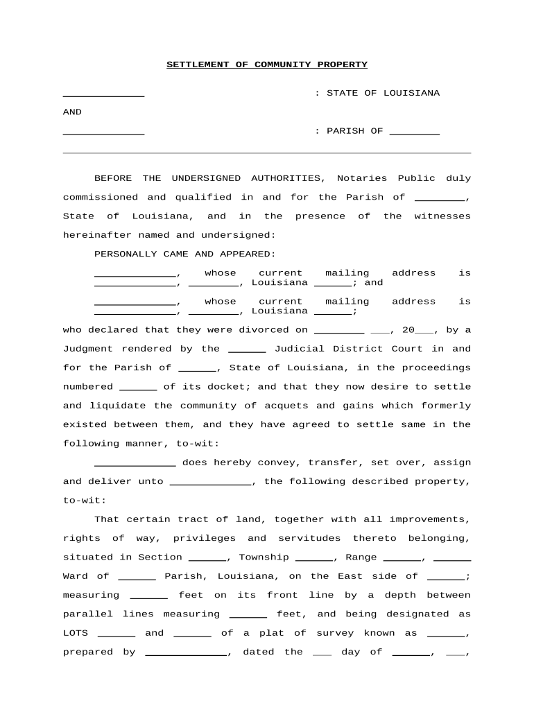 Settlement of Community Property Louisiana  Form