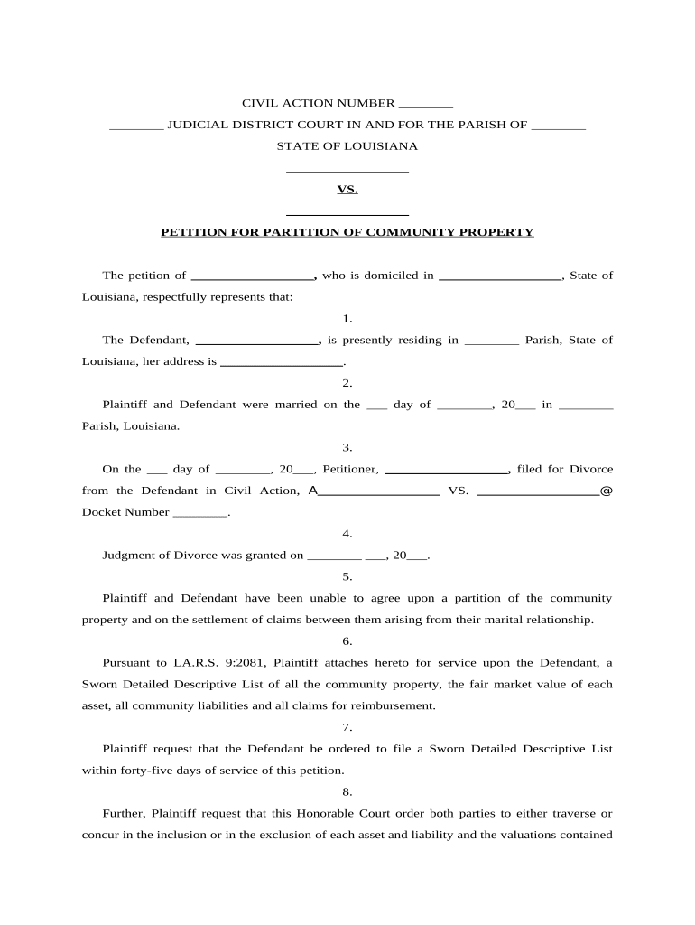 Petition for Partition of Community Property with List of Commercial Property Louisiana  Form