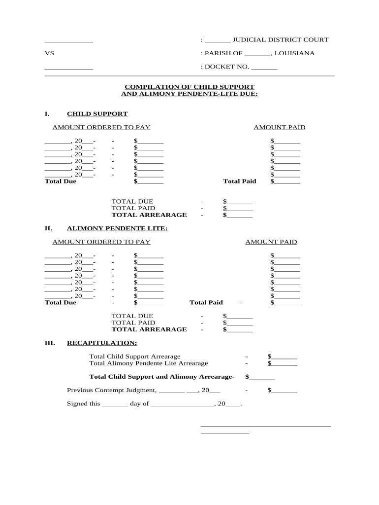 Compilation of Child Support and Alimony Pendente Lite Due Louisiana  Form