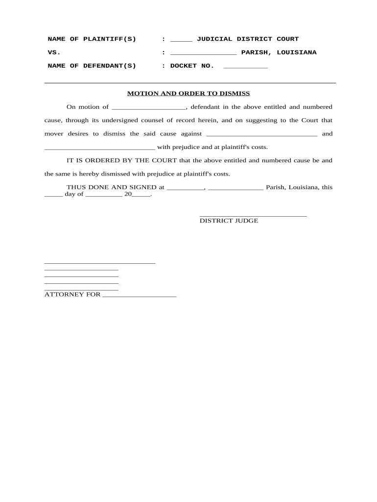 Motion and Order to Dismiss by Defendant Louisiana  Form