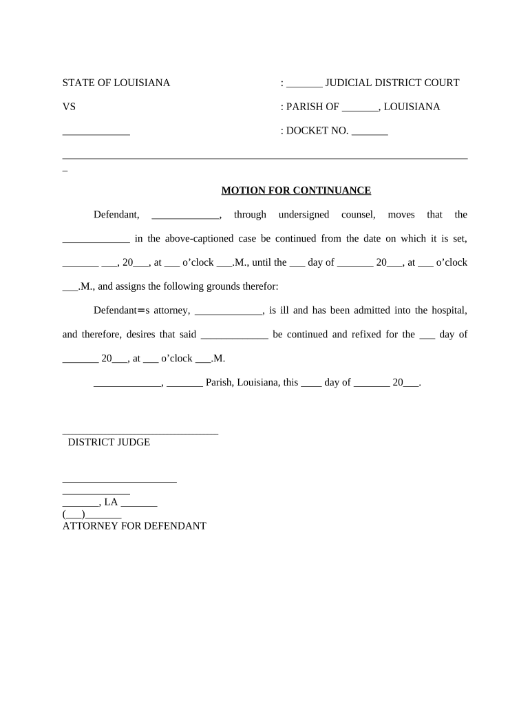 Motion for Continuance Due to Illness of Attorney Louisiana  Form