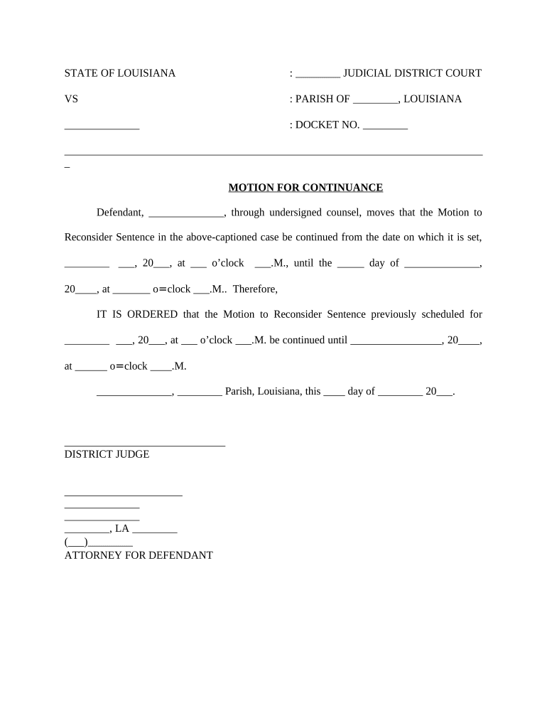 Motion for Continuance of Motion to Reconsider Sentence, and Order Louisiana  Form