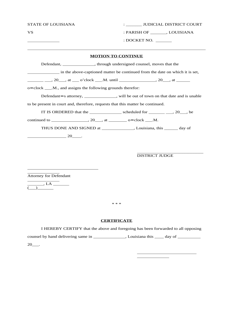 Motion to Continue Due to Attorney Being Out of Town, and Order Louisiana  Form