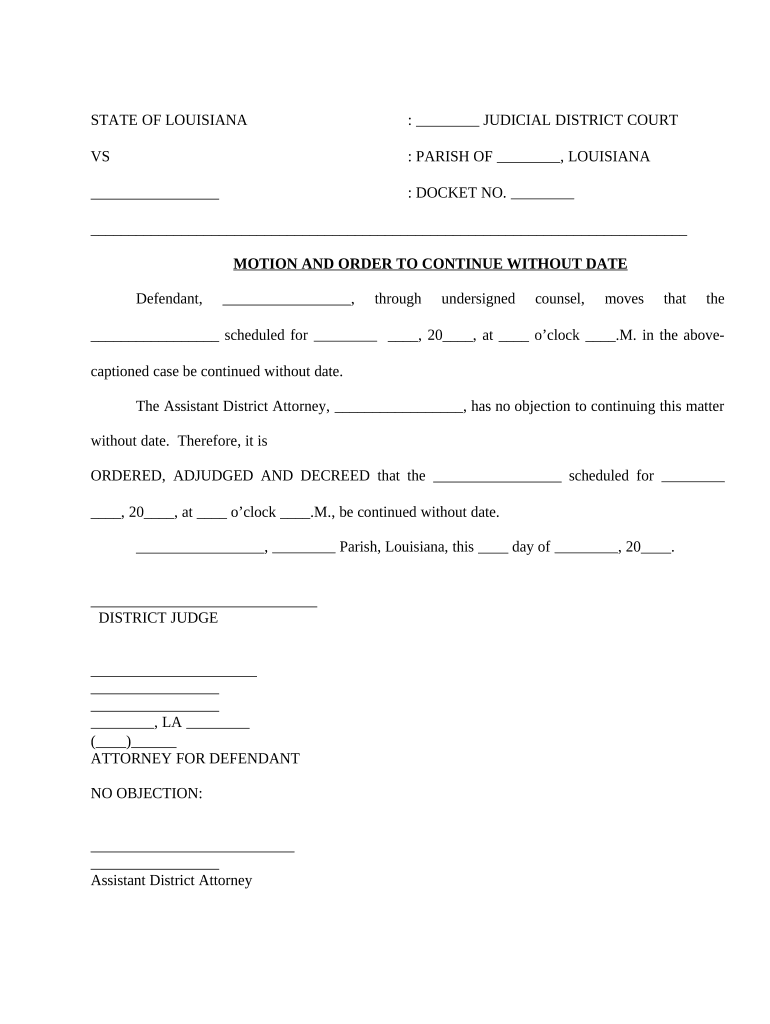 Motion and Order to Continue Without Date Louisiana  Form