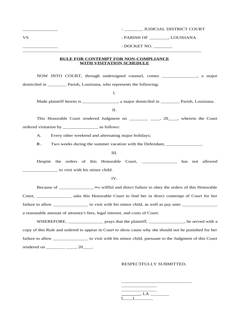 Rule for Contempt for Noncompliance with Visitation Schedule, and Order Louisiana  Form
