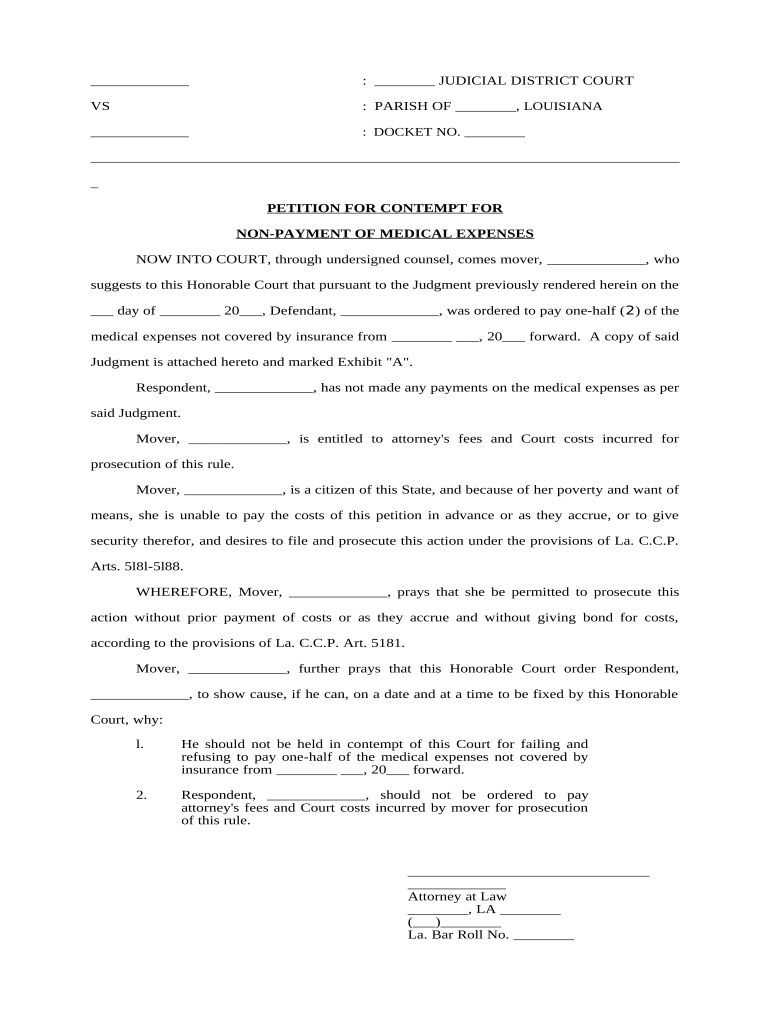 Petition for Contempt for Nonpayment of Medical Expenses, and Order Louisiana  Form