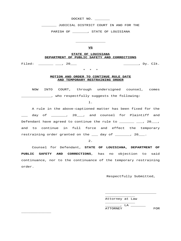 Motion and Order to Continue Rule Date and Temporary Restraining Order Louisiana  Form