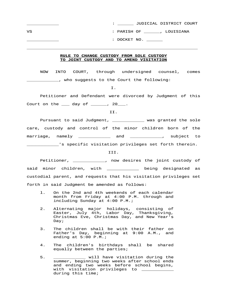 Custody Sole Louisiana  Form