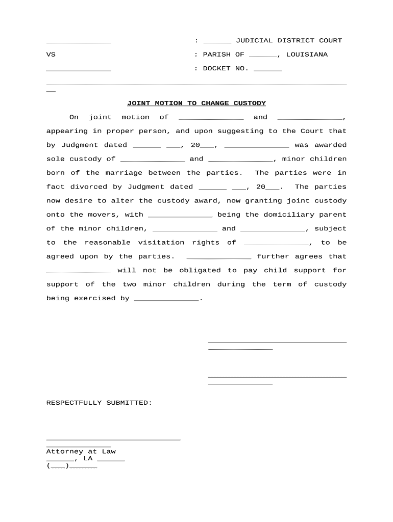 Joint Motion to Change Custody Louisiana  Form