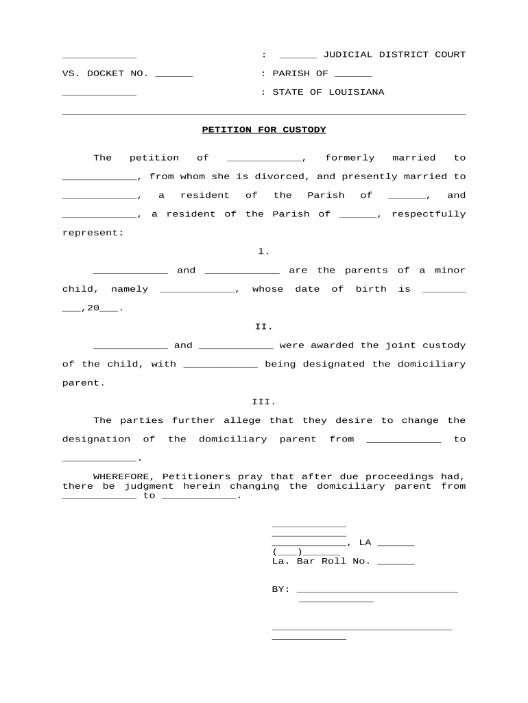 Petition for Custody with Consent Judgment Louisiana  Form