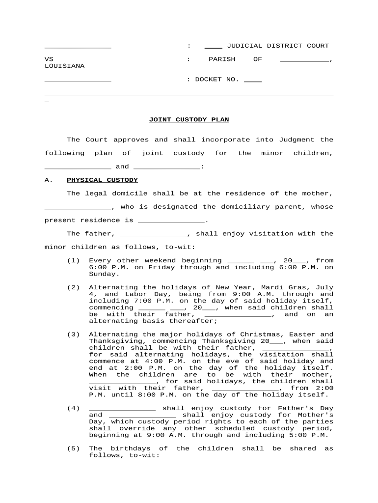 Louisiana Joint Custody  Form