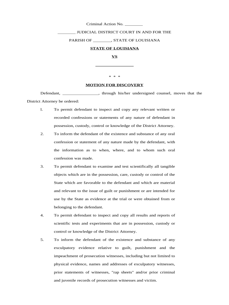 Motion and Order for Discovery, with Notice of Defense Based on Mental Condition Louisiana  Form