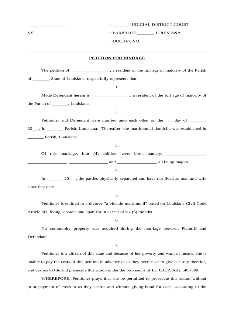 Louisiana Petition Divorce Form