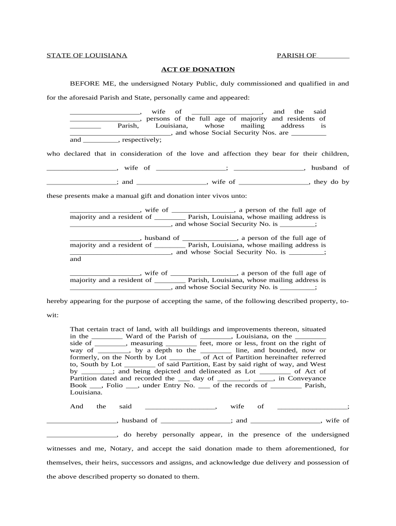 Act of Donation Real Estate from Parents to Children Louisiana  Form