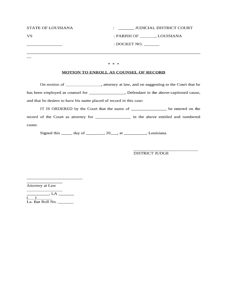 Motion to Enroll as Counsel Louisiana  Form
