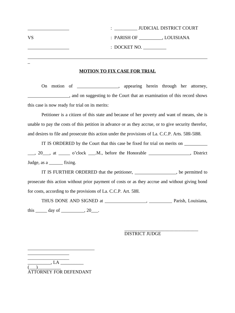 Motion to Fix Case for Trial, with Certificate of Readiness for Trial Louisiana  Form