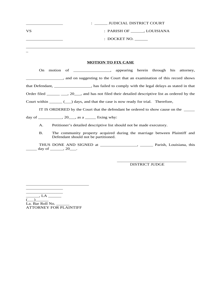 Motion to Fix Case Louisiana  Form