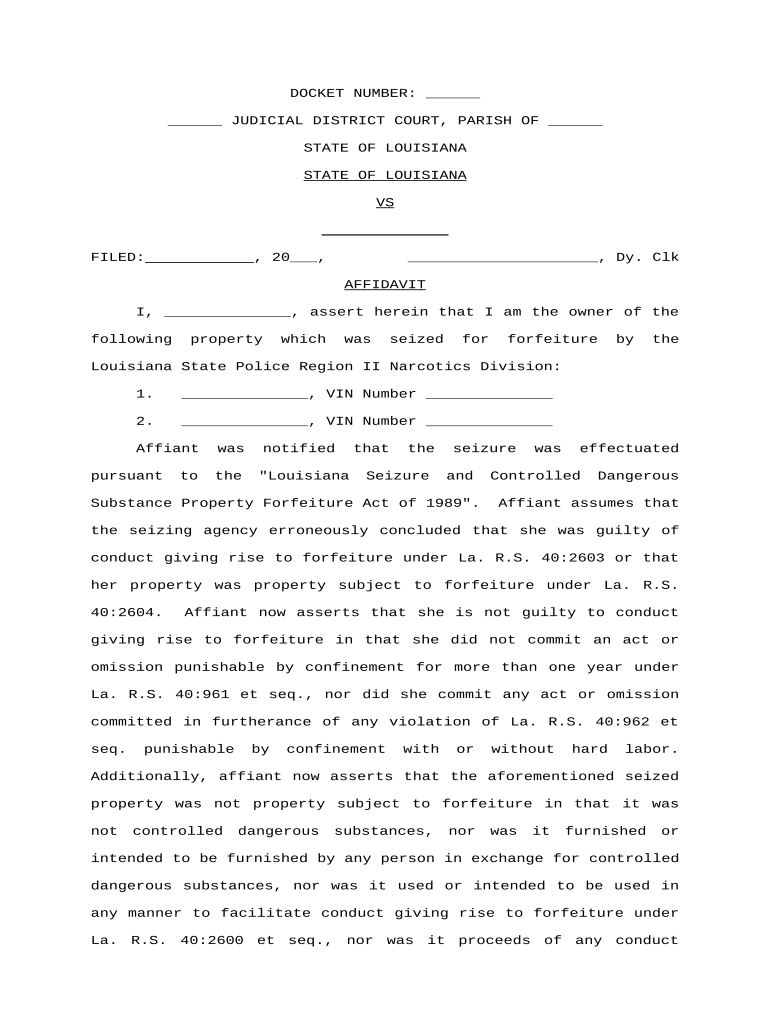 Affidavit Regarding Request for Return of Improperly Seized Property Louisiana  Form