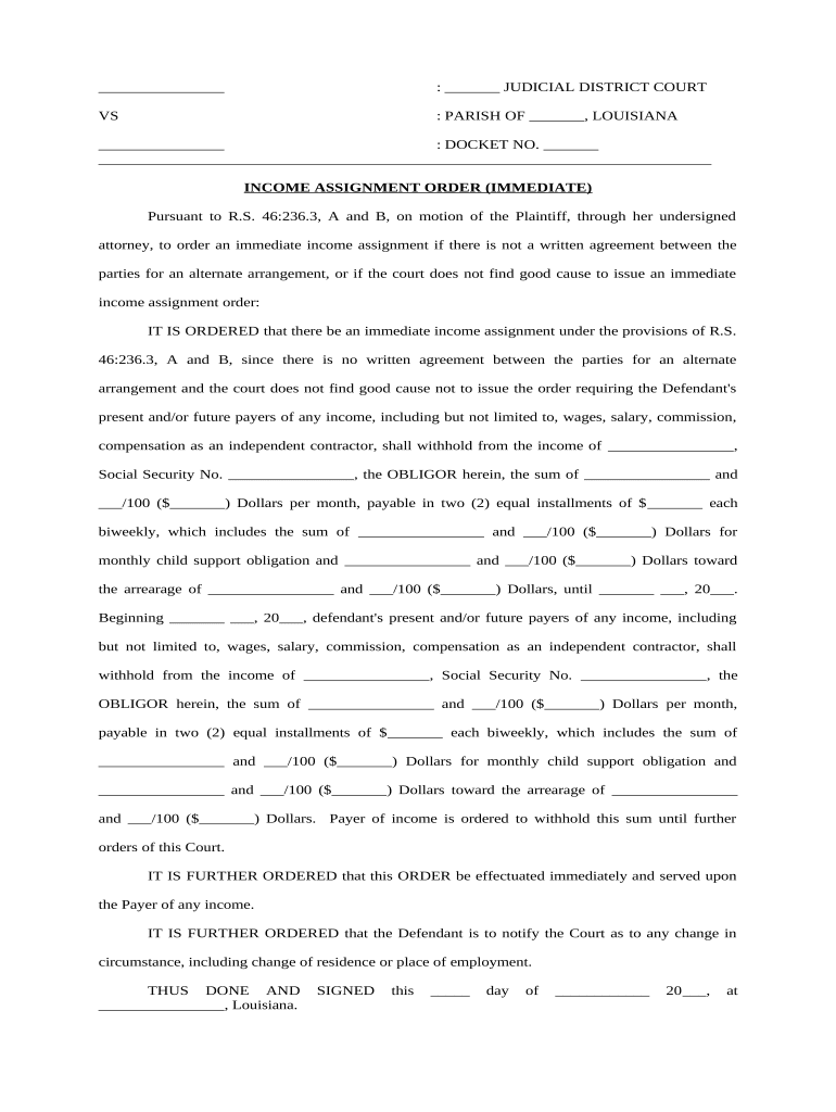 Income Assignment Order Louisiana  Form