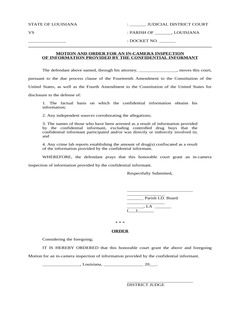 Motion and Order for an in Camera Inspection of Information Provided by Confidential Informant Louisiana