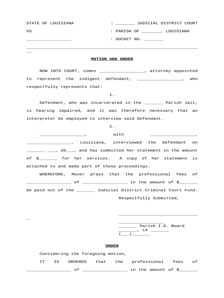 Motion and Order for Interpreter to Interview Hearing Impaired Indigent Defendant Louisiana  Form
