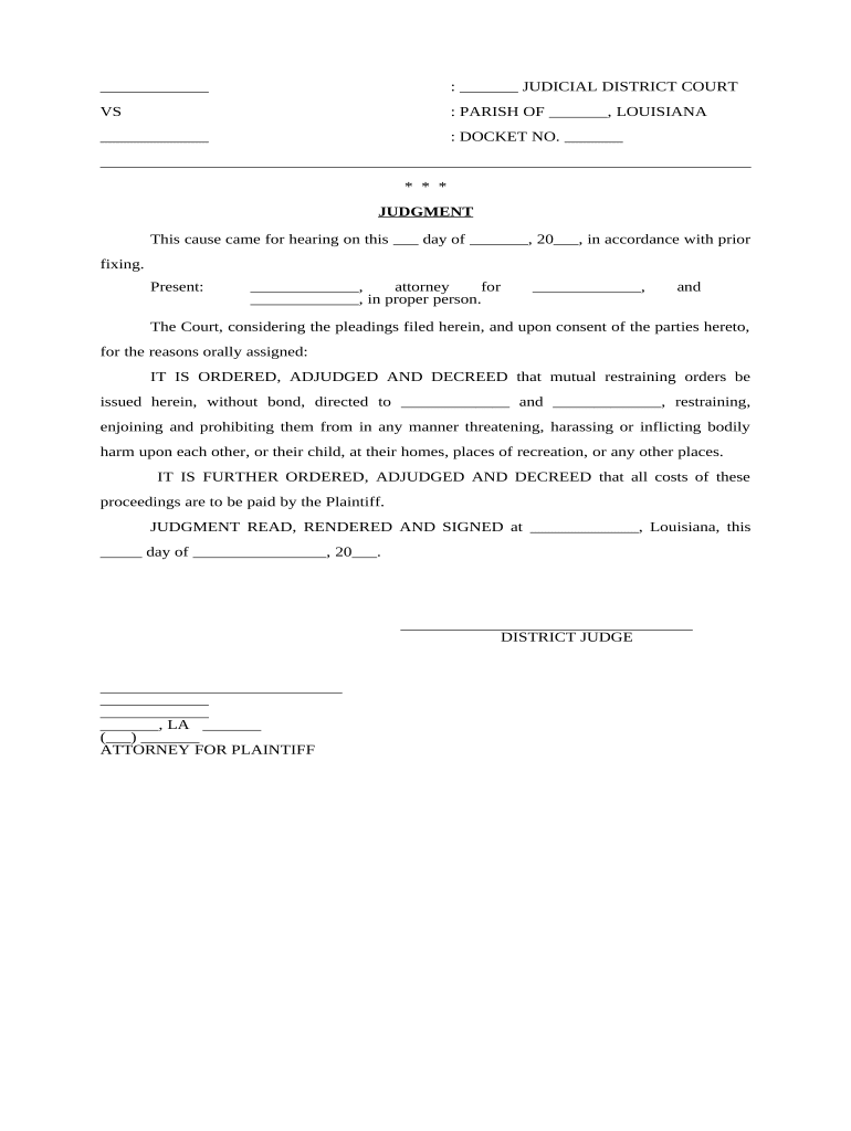 Louisiana Restraining Order  Form
