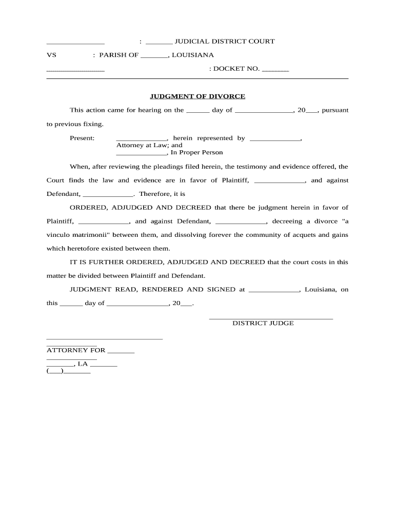 Judgment of Divorce with No Children, No Community Property Louisiana  Form