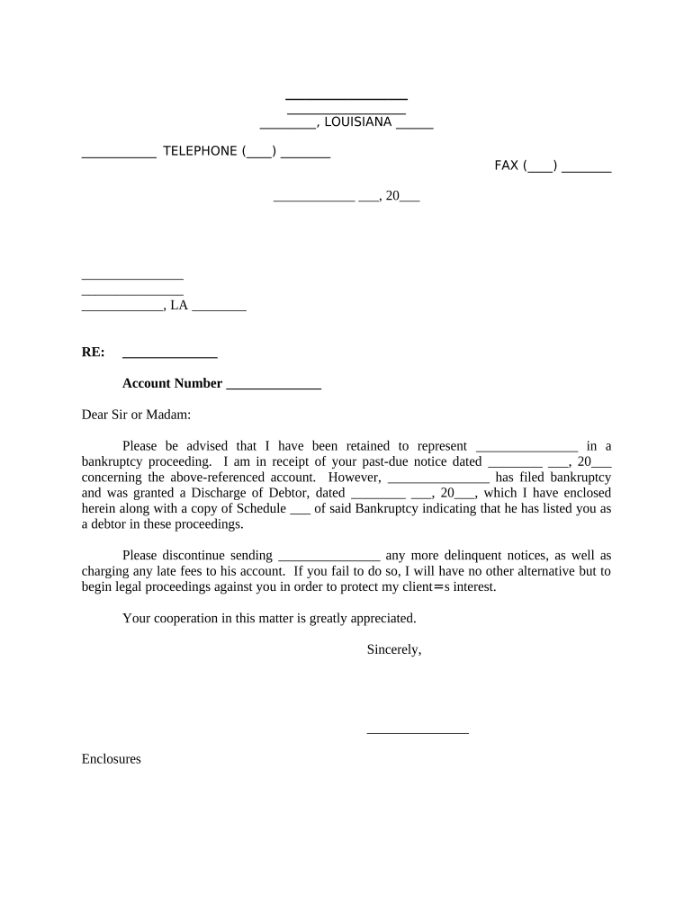 Letter to Bank Advising of Attorney Representation and Bankruptcy Filing Louisiana  Form