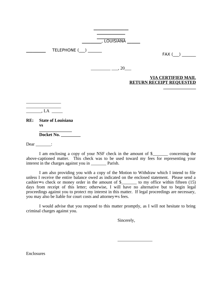 Demand Letter to Client Regarding Payment of Attorney's Fees and NSF Check Louisiana  Form