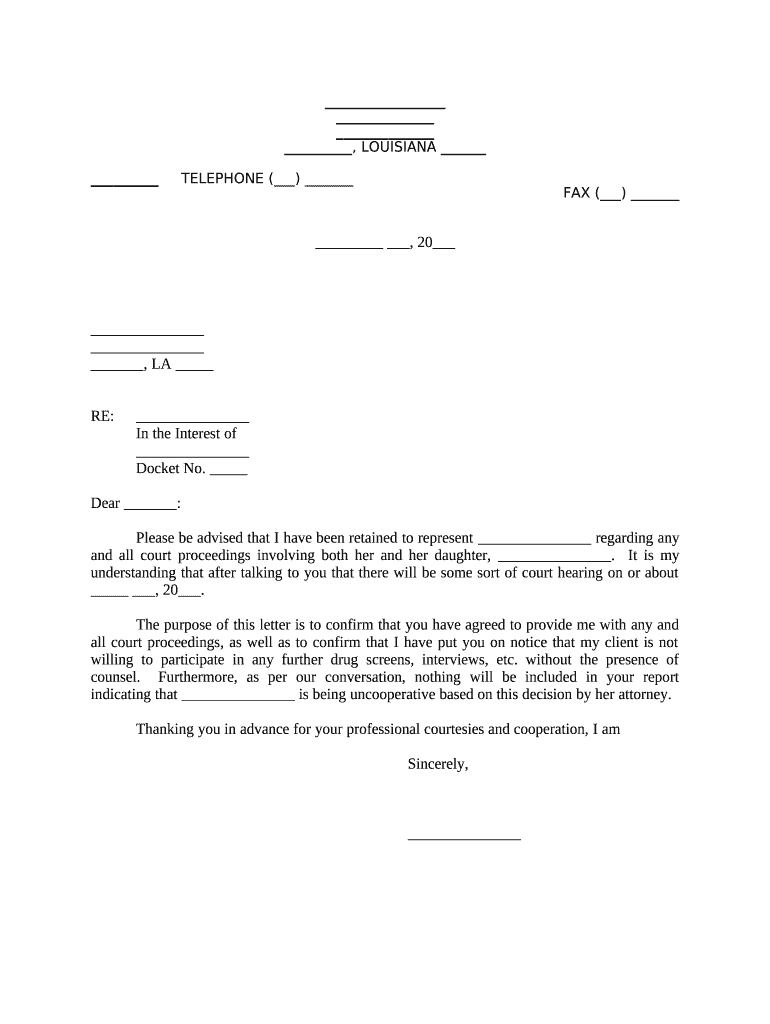 Letter Advising of Representation of Client Louisiana  Form