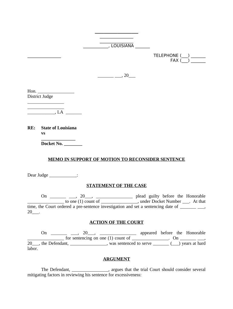 Memorandum in Support of Motion to Reconsider Sentence Louisiana  Form