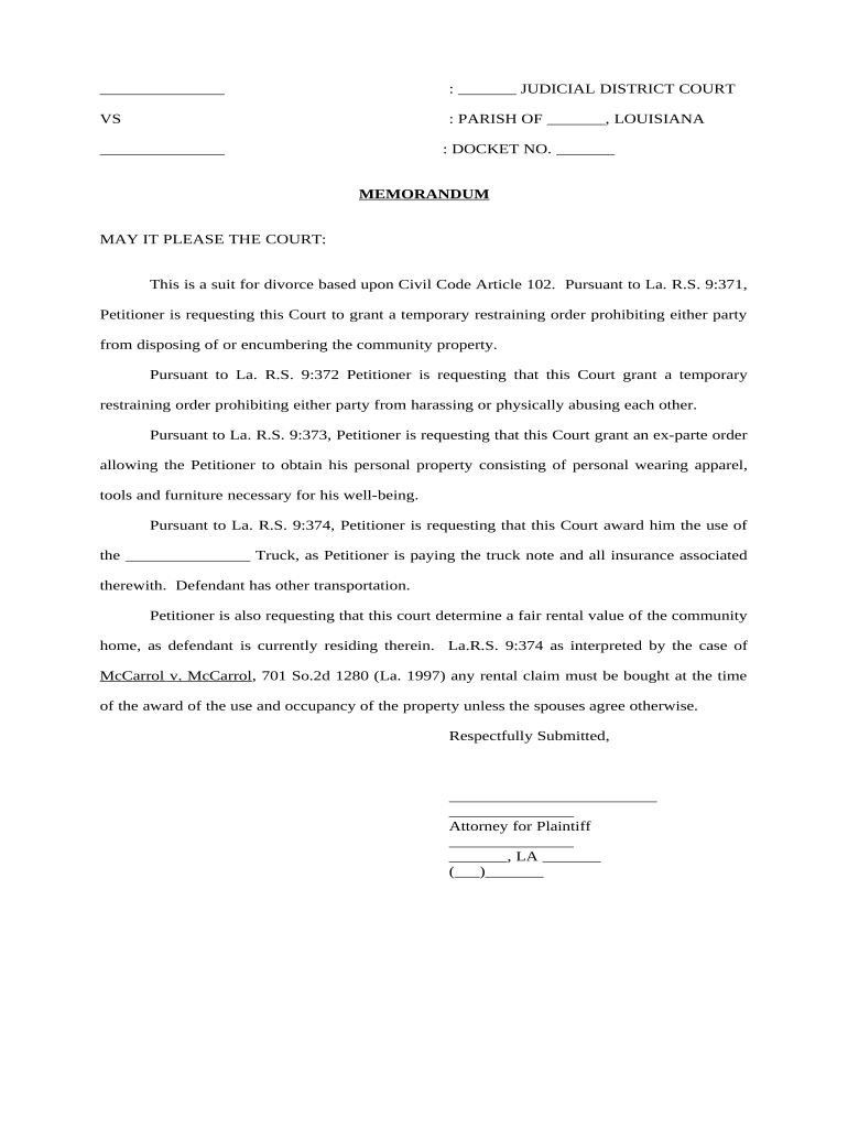 Louisiana Court Case  Form