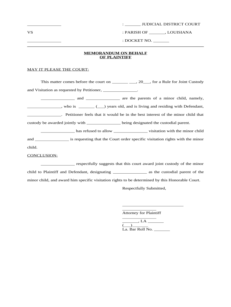 Memorandum on Behalf of Plaintiff for Custody Louisiana  Form
