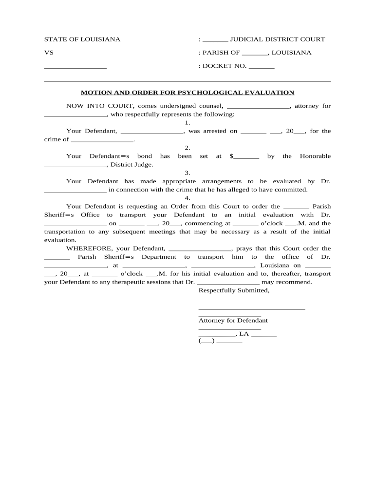 Motion and Order for Psychological Evaluation Louisiana  Form