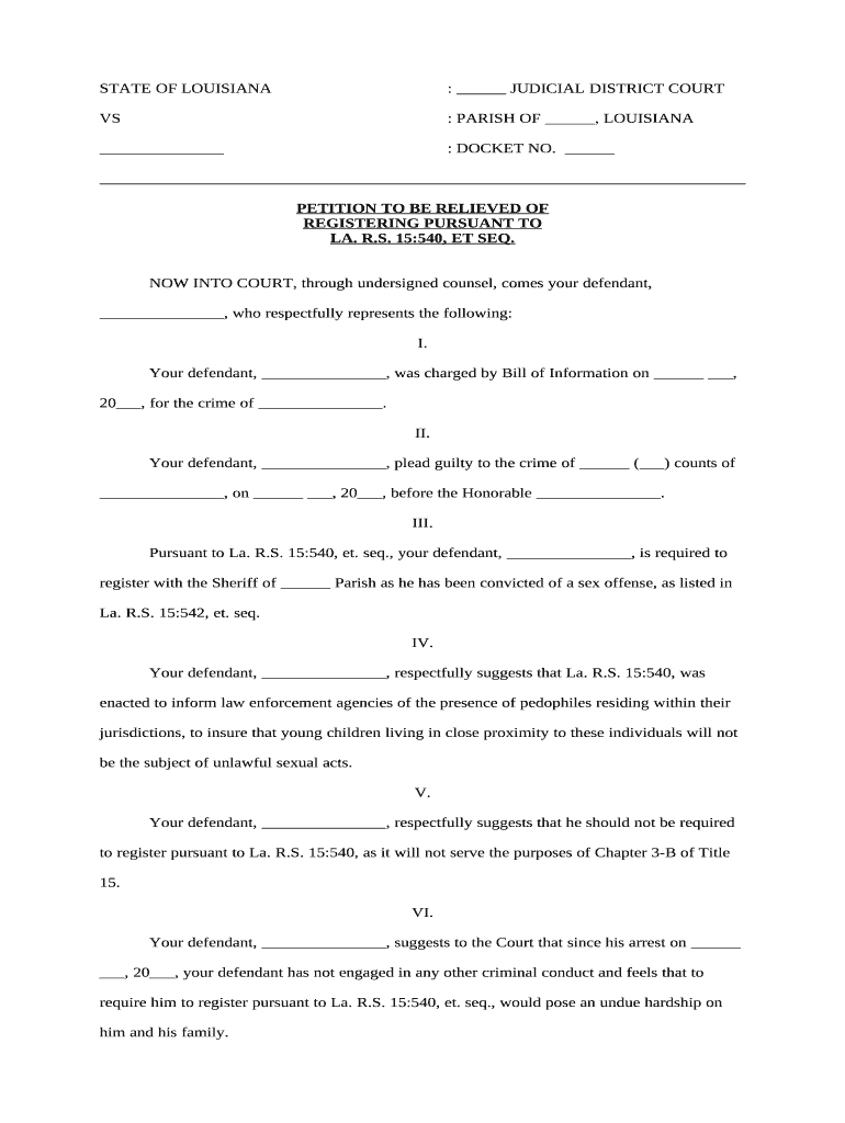 Petition to Be Relieved of Registering Pursuant to LA R S 15540, Et Seq Sex Offender, with Order to Show Cause Louisiana  Form