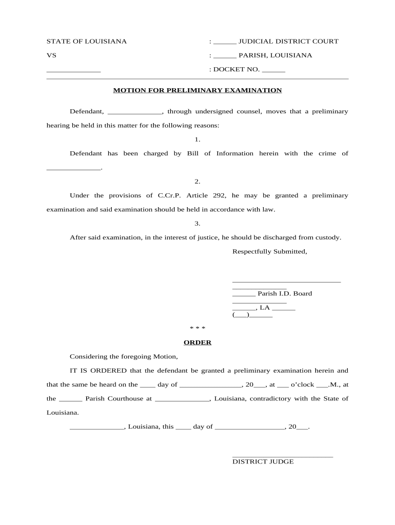 Louisiana Preliminary Examination  Form